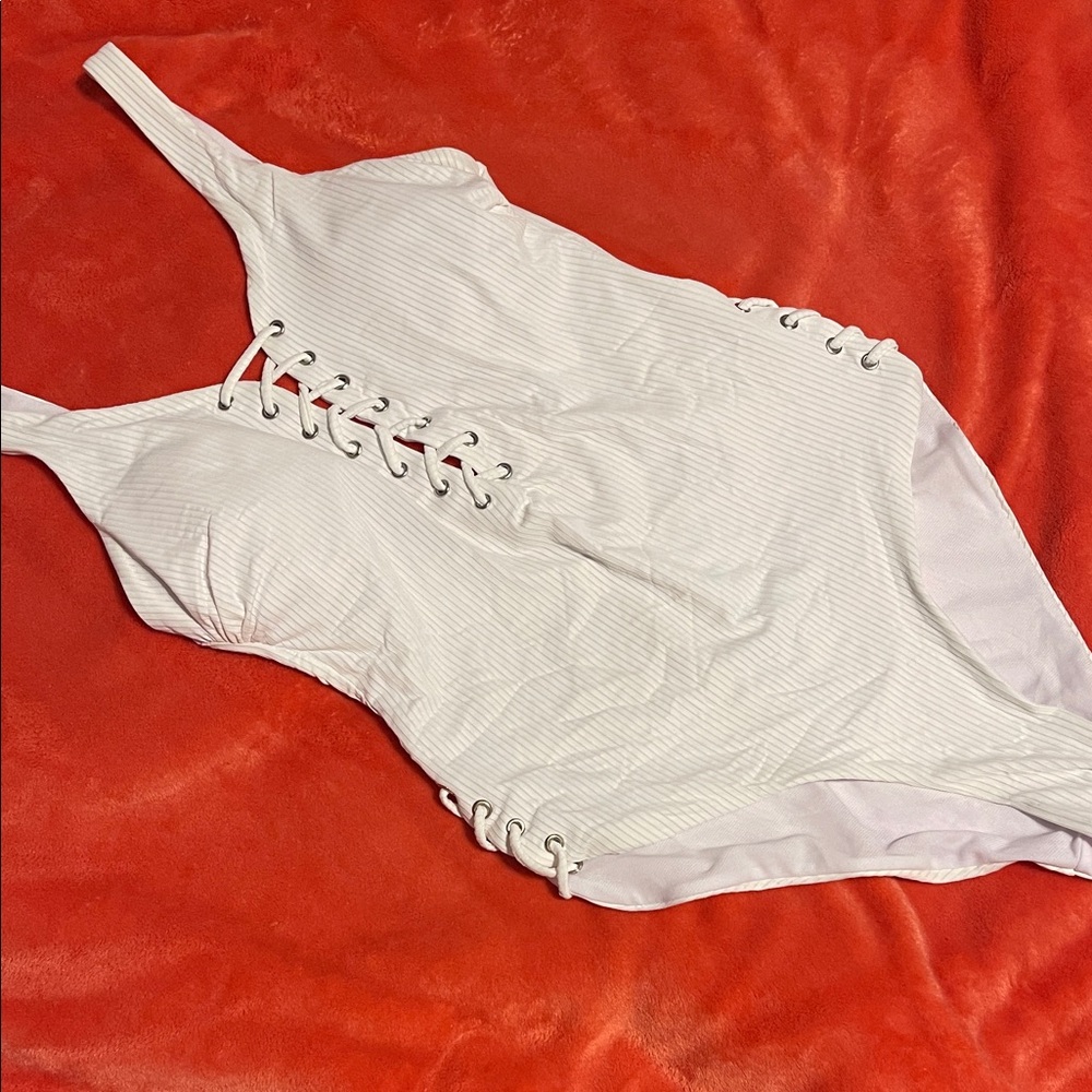 YMI White Lace-Up One Piece Swimsuit
